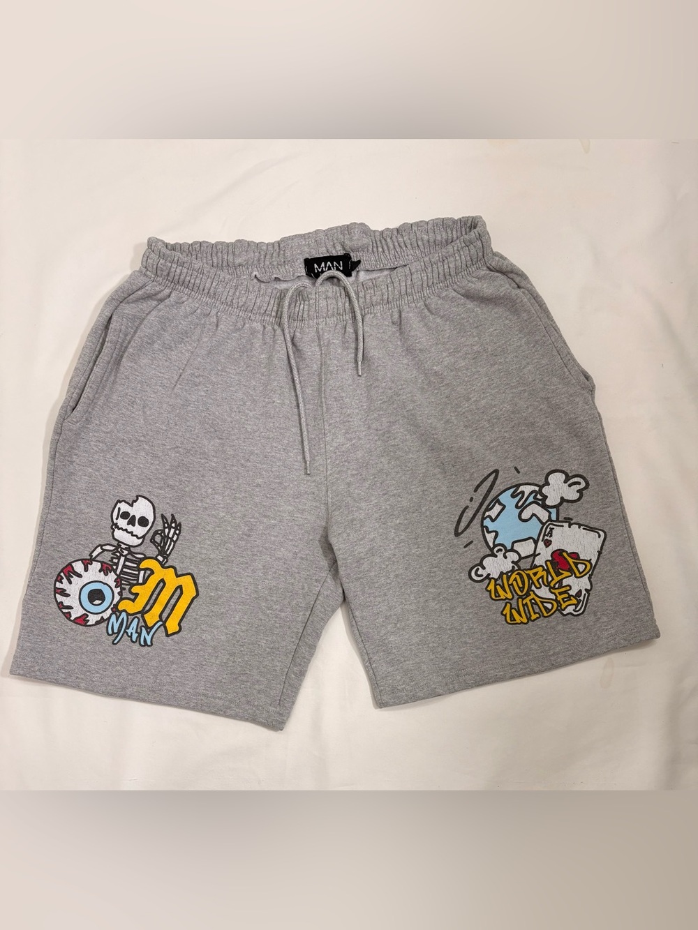 Boo Hoo Man Heather Gray Fleece Draw String Graphic Shorts Size XL